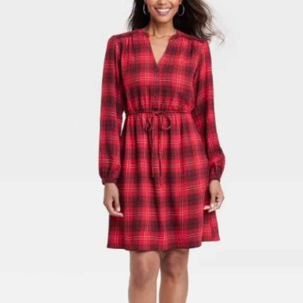 NWT Knox Rose Long Sleeve Plaid ALine Dress